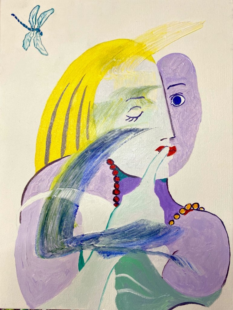"Eve 12 - Out of Eden" -oil painting with Dragonfly By Marilyn Wells, girl winking, contemporary, white background