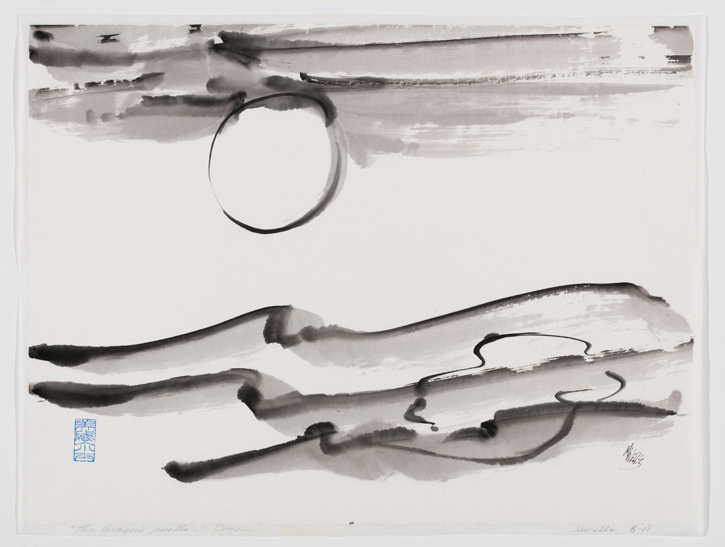 sumi e abstract on white paper moon reflection on water