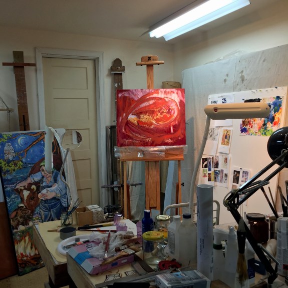 "Red Darling" 1810 20" x 24" oil by Marilyn Wells - abstract painting in Studio