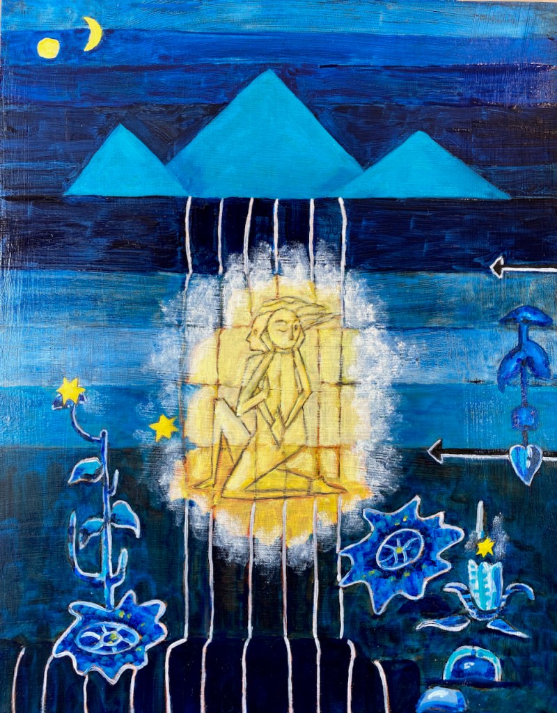 “Eve’s Waters - Eve 9”, Blue painting, oil on wood panel, by Marilyn Wells to “Eve’s Waters - Eve 9”
There is ocean in me
Swaying, swaying, O, so deep
So fathomlessly…
Old ocean within a woman.
- D. H. Lawrence - 2108O