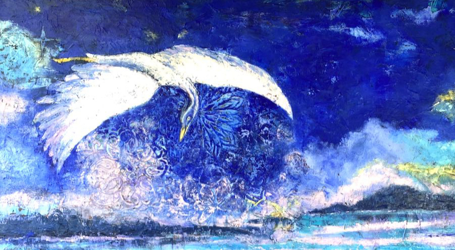 Detail of Great Blue Heron oil painting in blues and pinks by Marilyn Wells, "Journals and Sketchbooks to Find Signs to Hope, Peace and Joy."