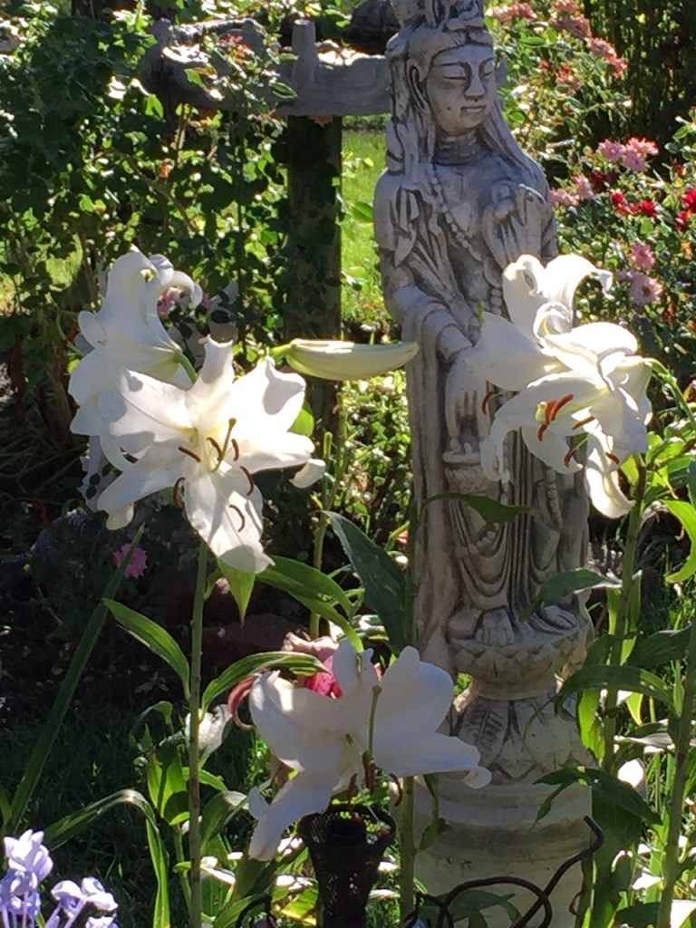 "Marilyn's Kuan Yin and Lilies of Her Garden Up Close" for Concluding "Find Your Signs to Hope, Peace and Joy,"