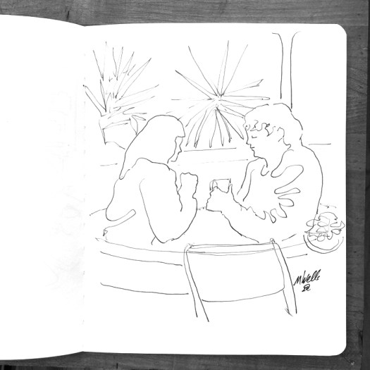"Two Women at Gardens over Coffee"